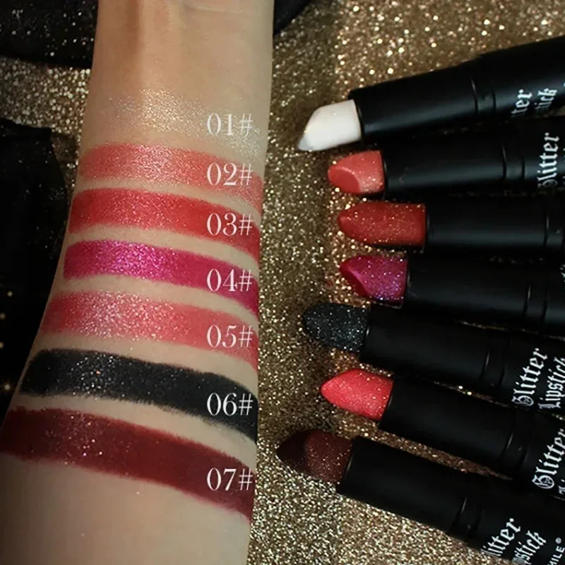 Lápiz labial mate de diamante de 7 colores, taza antiadherente, lápiz labial metálico nacarado duradero, brillo de labios negro oscuro, maquillaje de labios para mujer