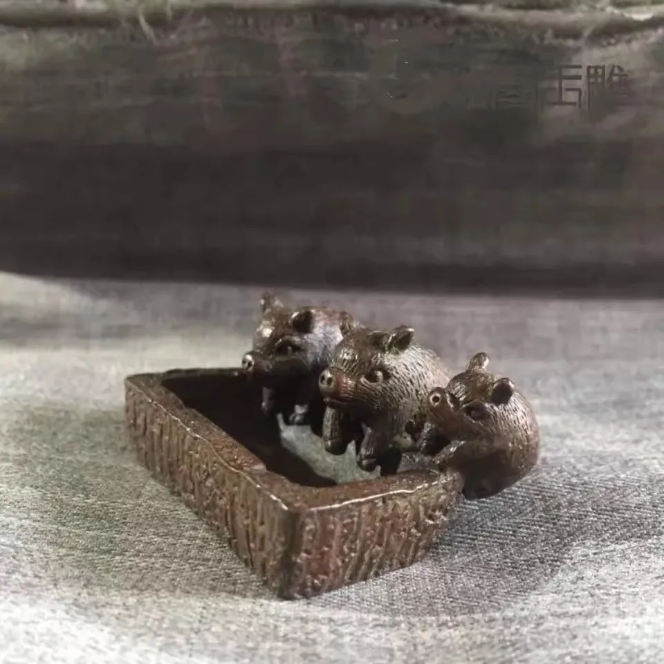 bronze hand casting three pig propitious statue netsuke table decoration