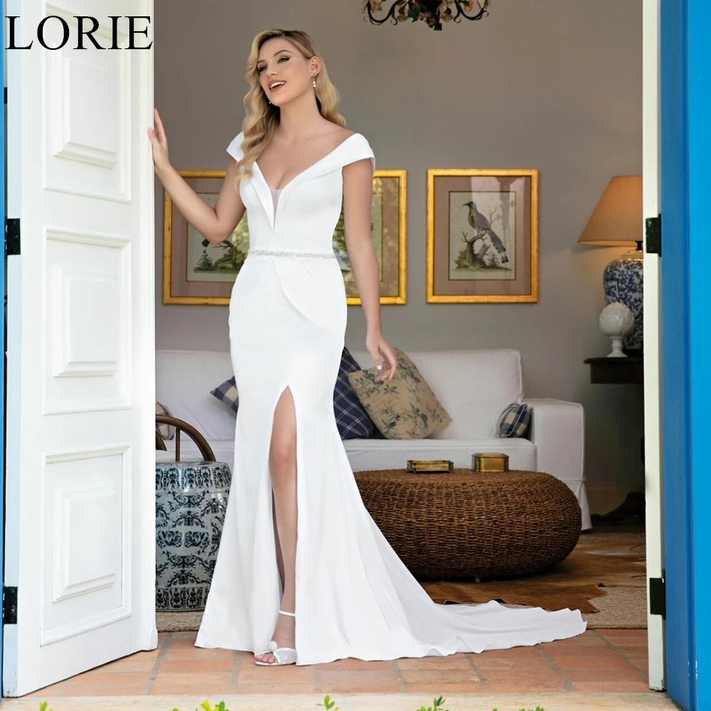 

LORIE Elegant Satin Wedding Dresses V-Neck Mermaid Side Slit Crystal Belt Backless Bride Prom Gown 2024 Bridal Gowns Customized