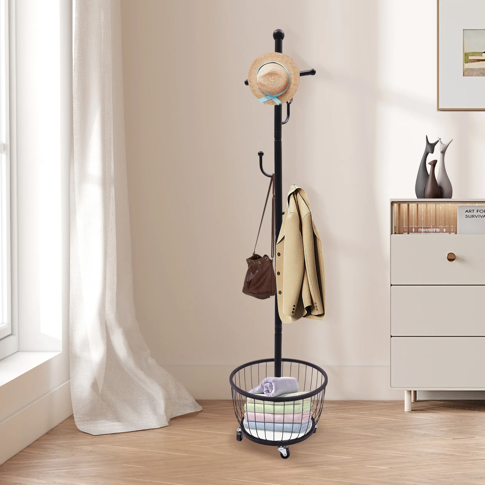 

Black Coat Cap Rack with Hooks, Standing Movable Coat Rack with Mobile Wheel, Entryway Coat Hanger Stand with Storage Basket