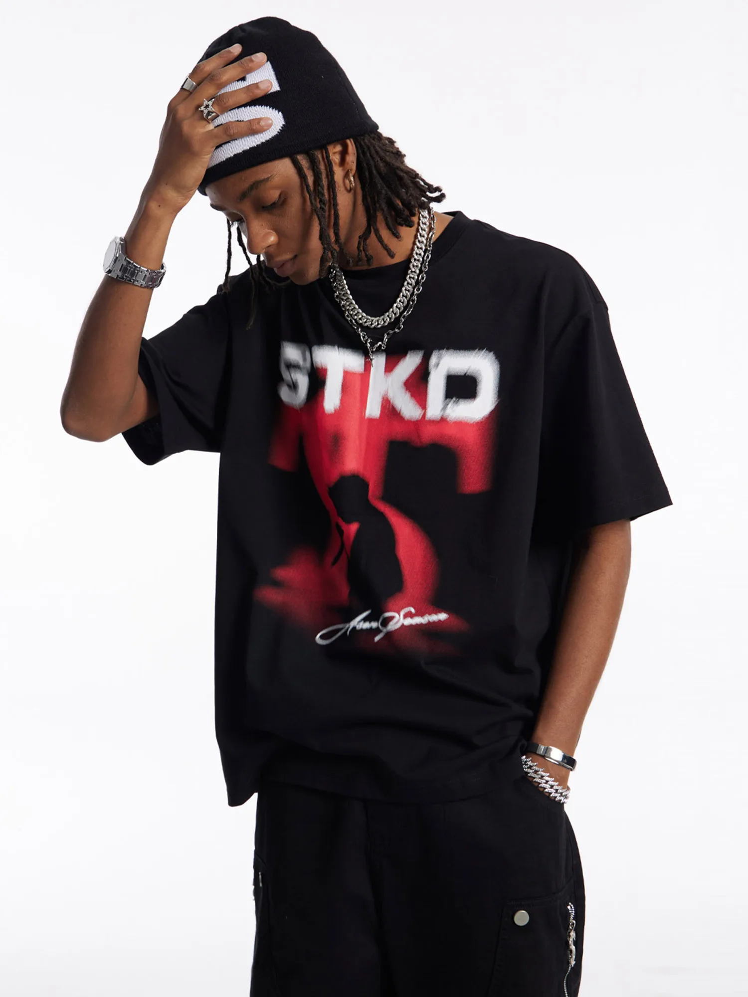 

Motorcycle Tour Portrait Silhouette Comprehensive Printed Round Neck T-Shirt Cool Street Trendy Hip-Hop Style Summer