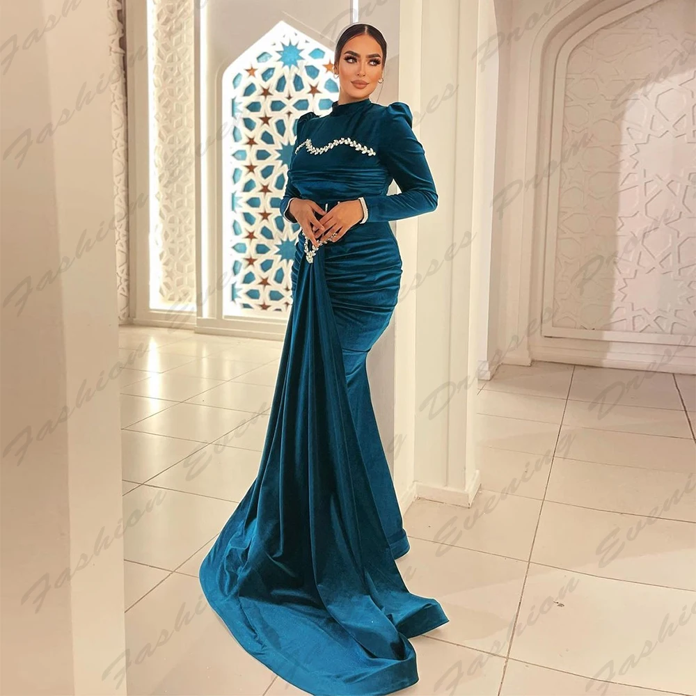 

Fascinating Satin Evening Dresses For Women Gorgeous Fashion Beading Sexy Mermaid High Necked Long Sleeved Party Prom Gowns 2024