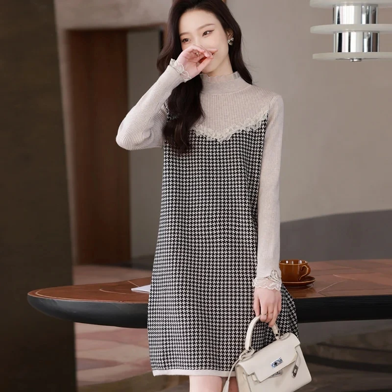 SpringAutumn Women Dress New Fashion Korean Stitching Lattice knitted Dress Ladies Casual Pullover Sweater Dress Woman Vestidos