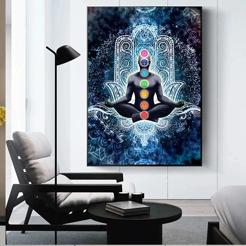 Indian Buddha Statue Meditation Chakra Mandala Print Art Canvas Poster for Living Room Decoration Home Wall Decor Picture