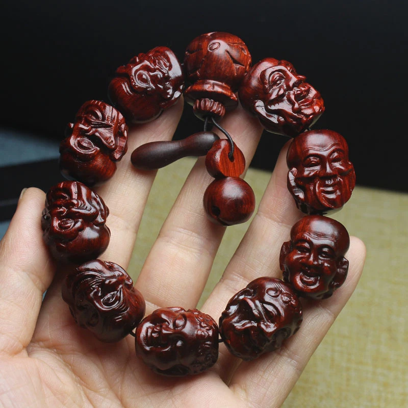 Horn Eighteen Arhats , Small Leaf Rosewood Carved Bead Buddhist Bracelet, New Cultural Craft Item, Rhino