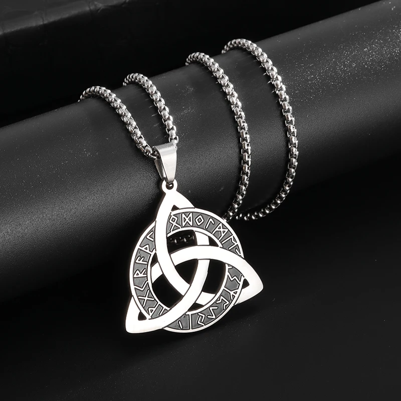 Stainless Steel Nordic Rune Triangle Knot Pendant Necklace for Men Women Irish Celtic Trinity Knot Lucky Amulet Jewelry