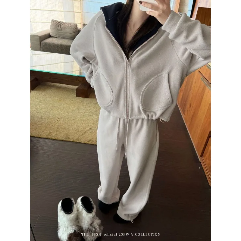 Women Autumn Winter Fleece Loungewear Set Lazy Style Zip Up Hooded Jacket Drawstring Wide Leg Pants Two Piece Outfit
