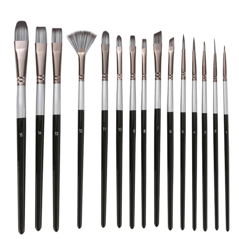 15 Silver Black Two Color Rod Watercolor Brush Set Three Color Nylon Ribbon Wrapped Fishtail Sector Acrylic Brush