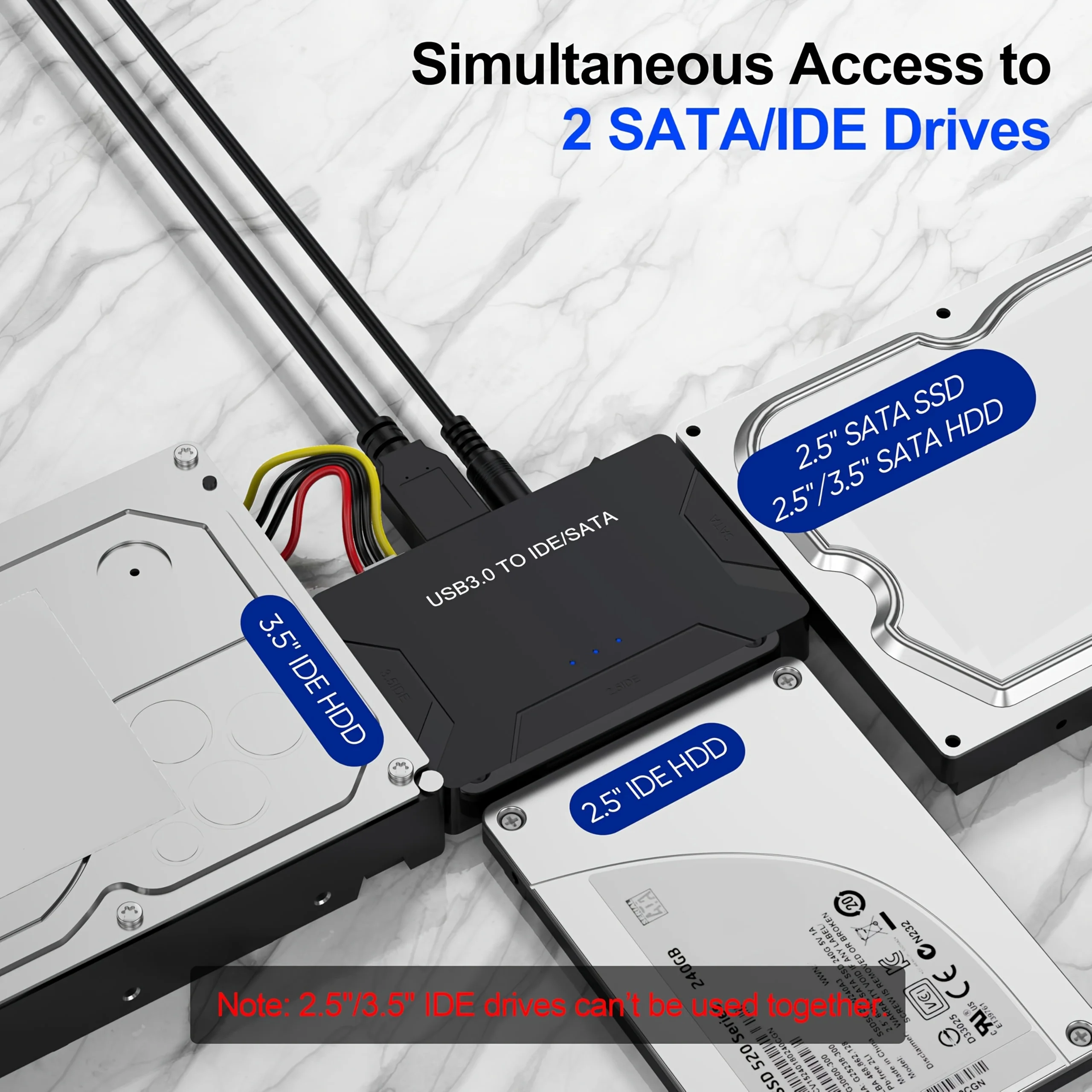 SATA/IDE to USB 3.0 Adapter, USB 3.0 Hard Drive Adapter Cable Universal for 2.5/3.5 inch SATA HDD/SSD & IDE HDD For PC Macbook