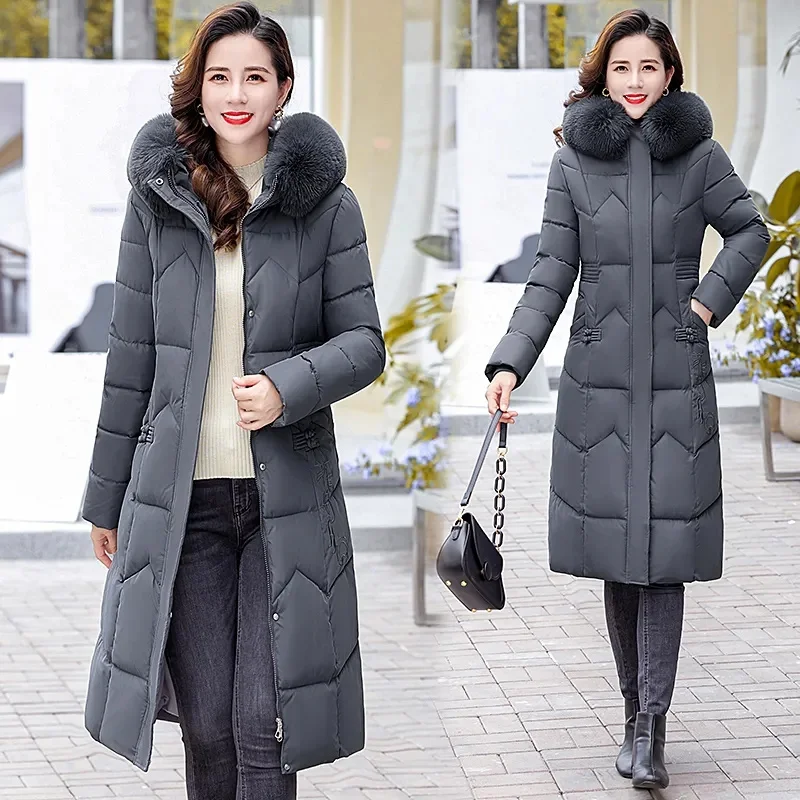 2024 Women\'s Winter Long Coat Warm Cotton Jacket Fur Neckline Hooded Parka Coats Fashion Ultra Thin Snow Jackets Outwear Female