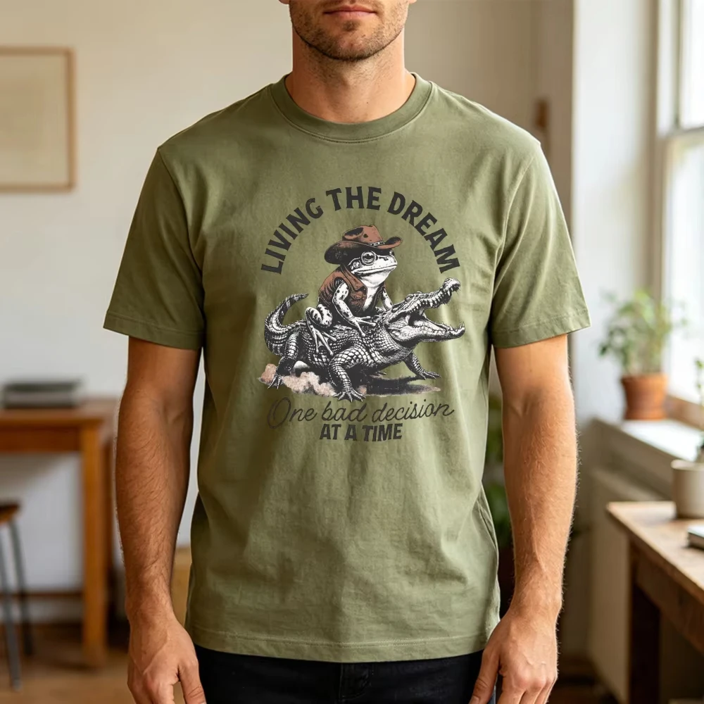 Funny Cowboy Frog Riding Alligator Meme Graphic T Shirt Men Cool Summer O Neck Tee Shirt Sarcastic Humor Streetwear Top