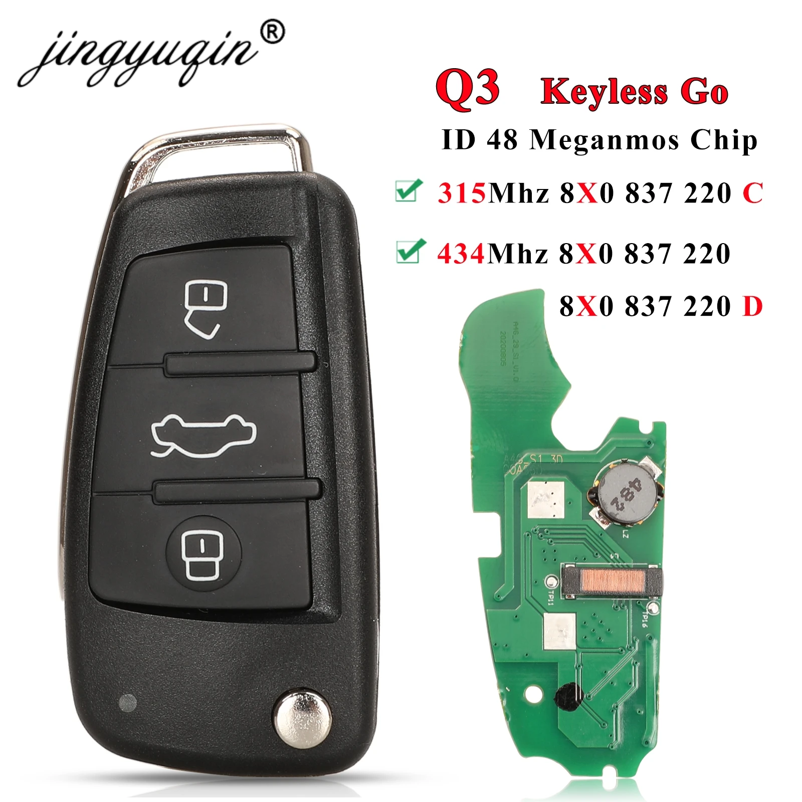 jingyuqin 8X0837220 /8X0837220D 3Button Remote Flip Key Integrated 434MHZ ID48 Chip For 2012 2013 2014 2015 2016 2017 AUDI A1 Q3