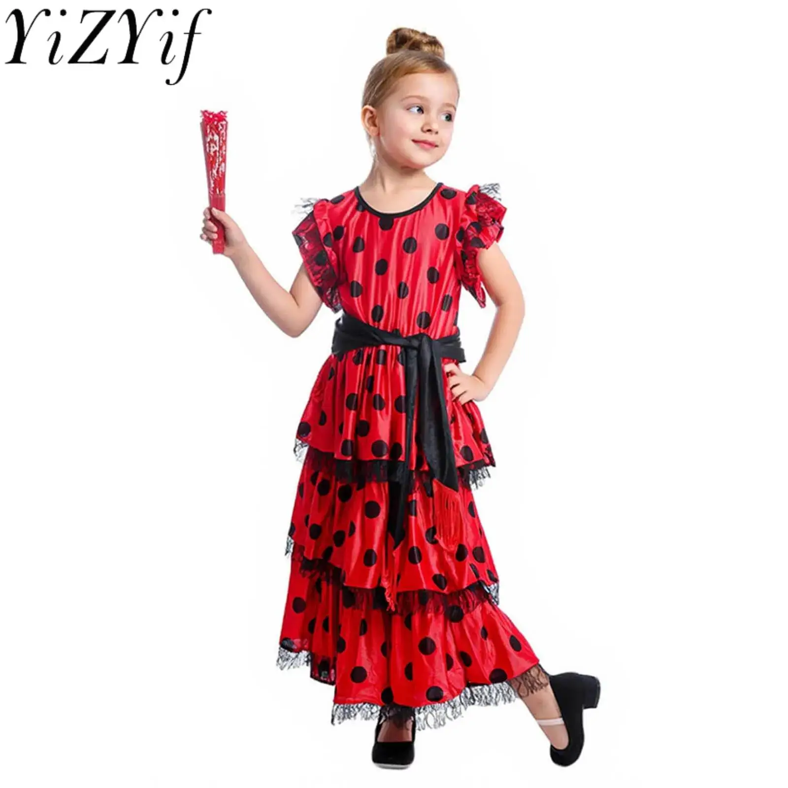 

Kids Girl Spanish Flamenco Dance Performance Dress Costume Polka Dot Layered Ruffled Dress with Fan And Tie-Up Waist Belt Sets