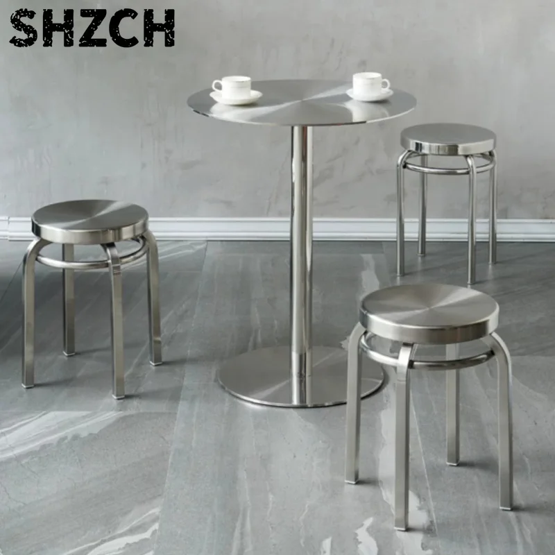 Commercial Grade Thick Stainless Round Stool, Stackable Restaurant Chair, 360 Brushed Arc Design, Non Skid Foot Barbecue Seat