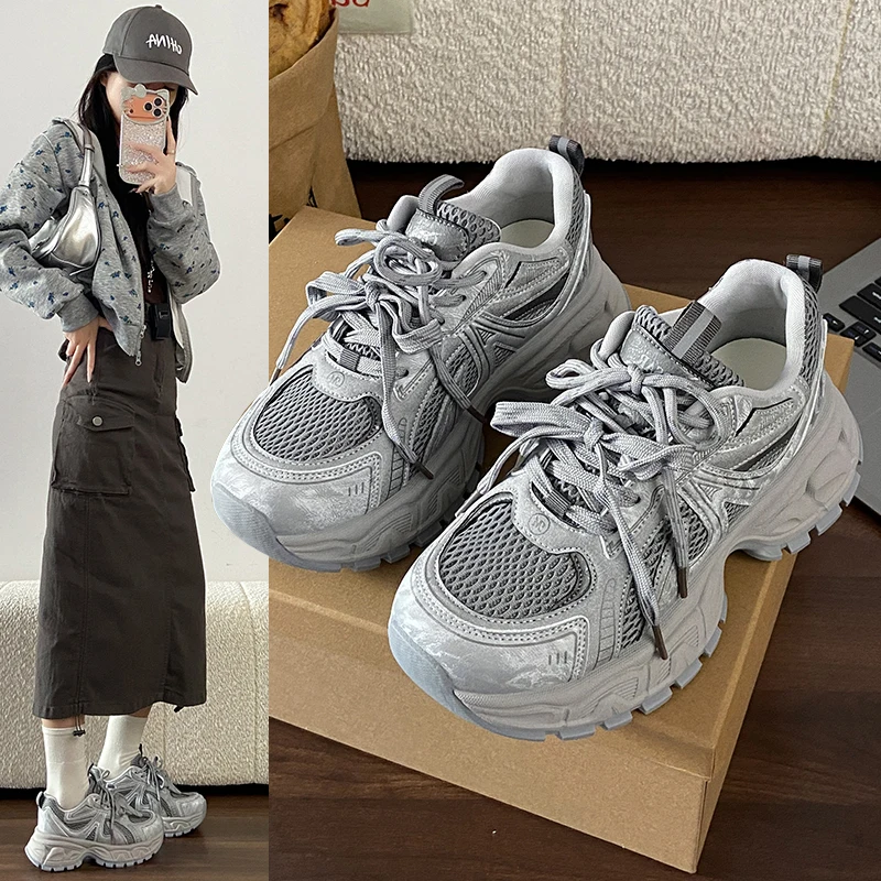 

Новые женские кроссовки на толстой подошве с увеличением роста, весна 2026 | Противоскользящие износостойкие дышащие кроссовки из сетчатого материала для повседневной носки и занятий спортом