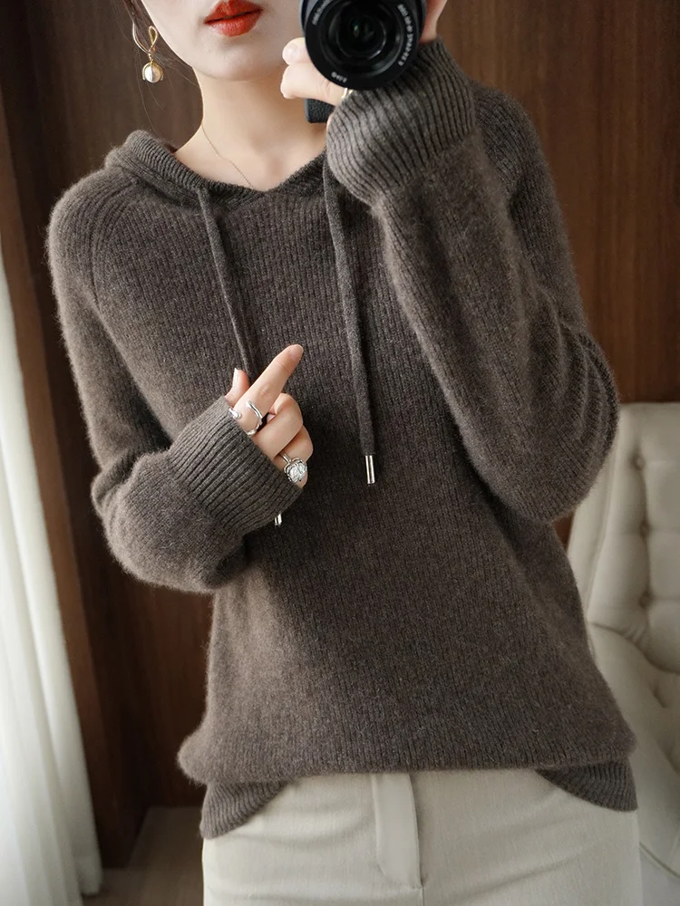 Spring Autumn Women's Cashmere Wool Blended Sweater Hoodies Sport Pullover Knit Jacket Loose Street Clothing Top