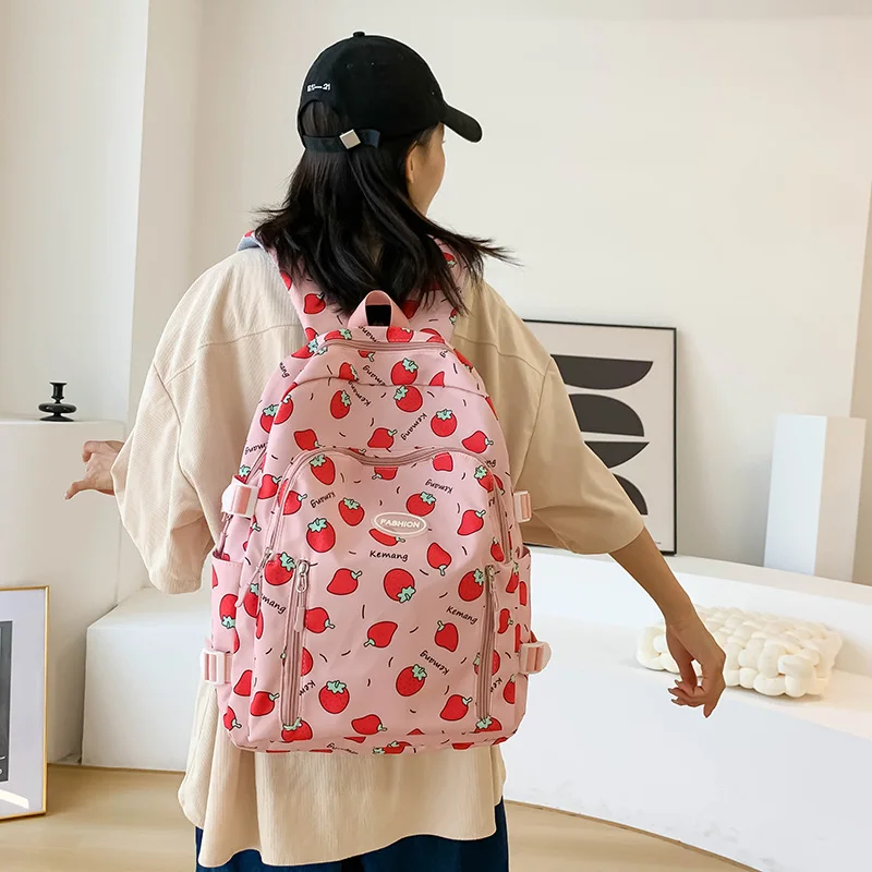 Japanese Cute Girl Heart Backpack Strawberry Print Lightweight Campus Middle School Student Waterproof Fashion Trendy Student