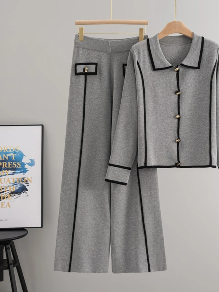 Women Lapel Collar Knitwears Sweater Cardigan Tops High Waist Wide Leg Pants Outfit New Chic Design Knitted 2 Piece Sets