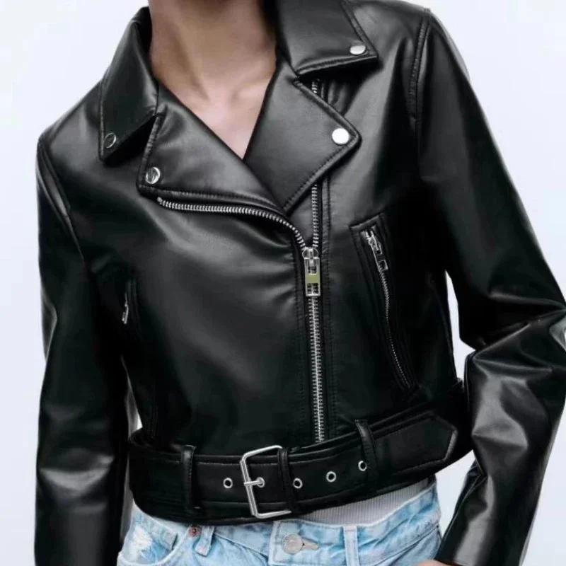 New Spring Pu Leather Women Jacket Vintage Loose Faux Leather Jacket With Belt Streetwear Zipper Retro Biker Coat Outwear Tops