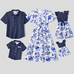 PatPat Family Matching Allover Floral Print Belted Short-sleeve Dresses and Shirts Sets