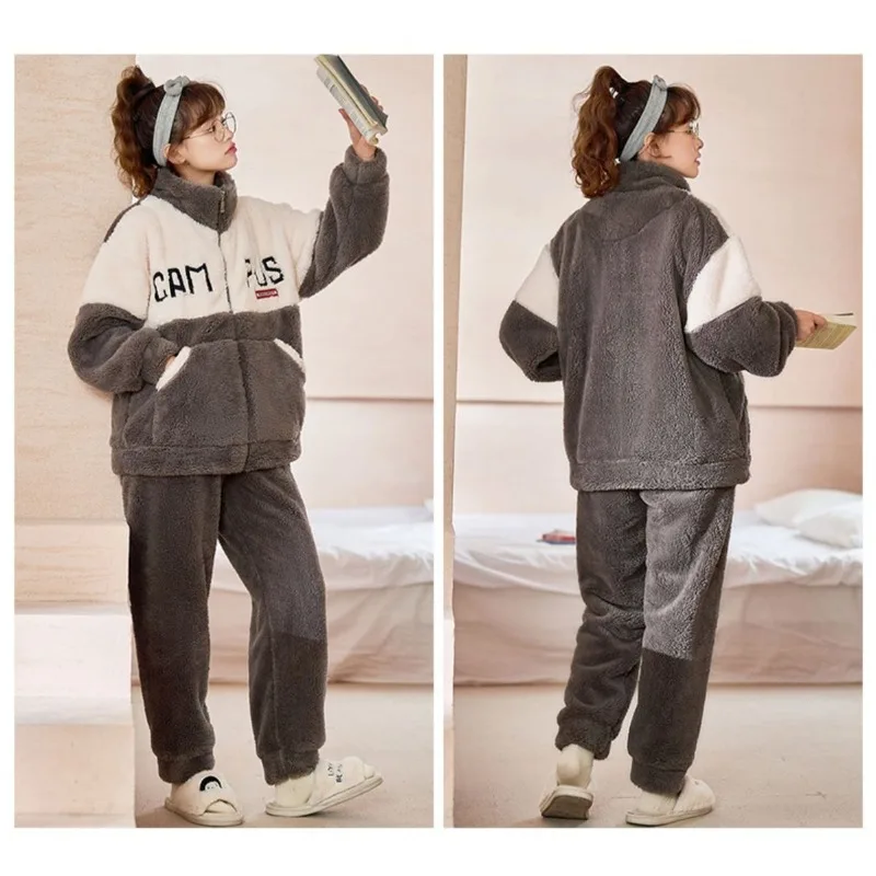 2023 Latest Flannel Pajamas Women's Velvet Thickened Coral Velvet Sleepwear Autumn Winter Loose Homewear Casual Loungewear