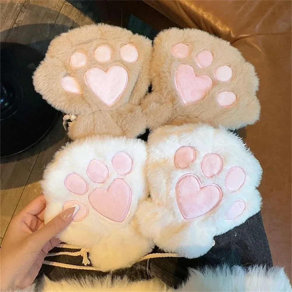 Cartoon Cute Cat Claw Paw Gloves Women Plush Mittens Outdoor Winter Warm Gloves Fluffy Bear Cat Glove Costume Half Finger Gifts