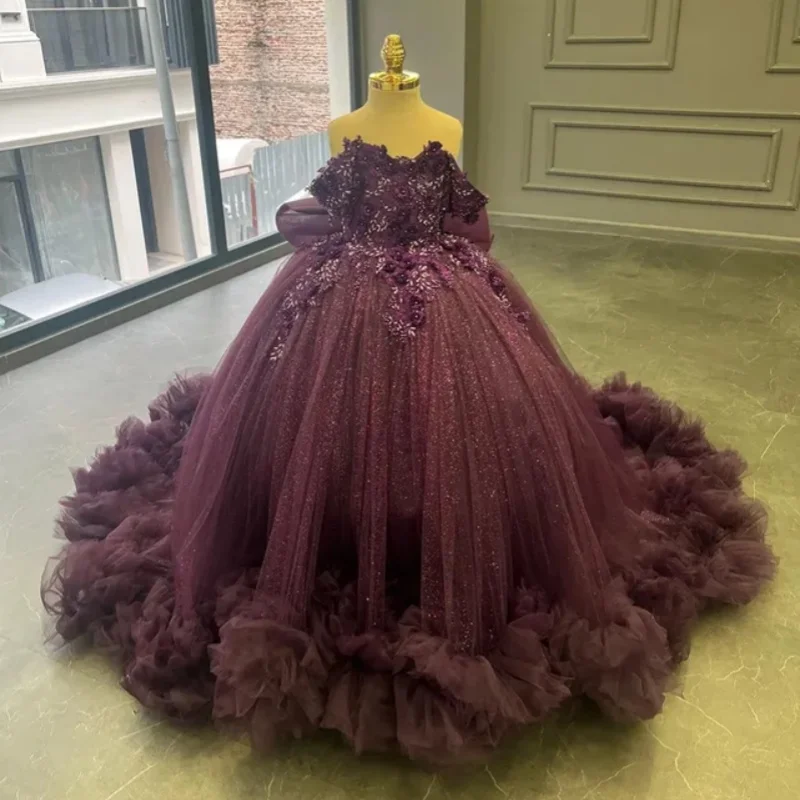 

Customized Shiny wine red Quinceanera Dresses Off the Shoulder sequin applique 3D flower Long tail Bow Vestido 15 Quinceanera