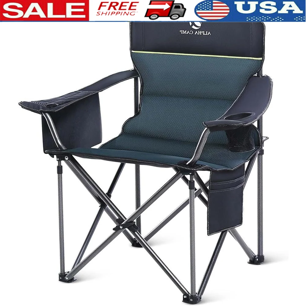 Oversized Heavy Duty Camping Chair with Cooler Bag Padded Armrest Support 450lbs Steel Frame Folding Collapsible Outdoor Comfort