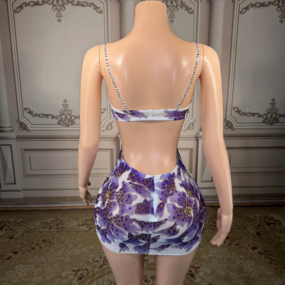 Robe courte à strass scintillants pour femmes, tenue d'été Sexy en maille transparente imprimée, robe de soirée d'anniversaire, vêtements de séance Photo