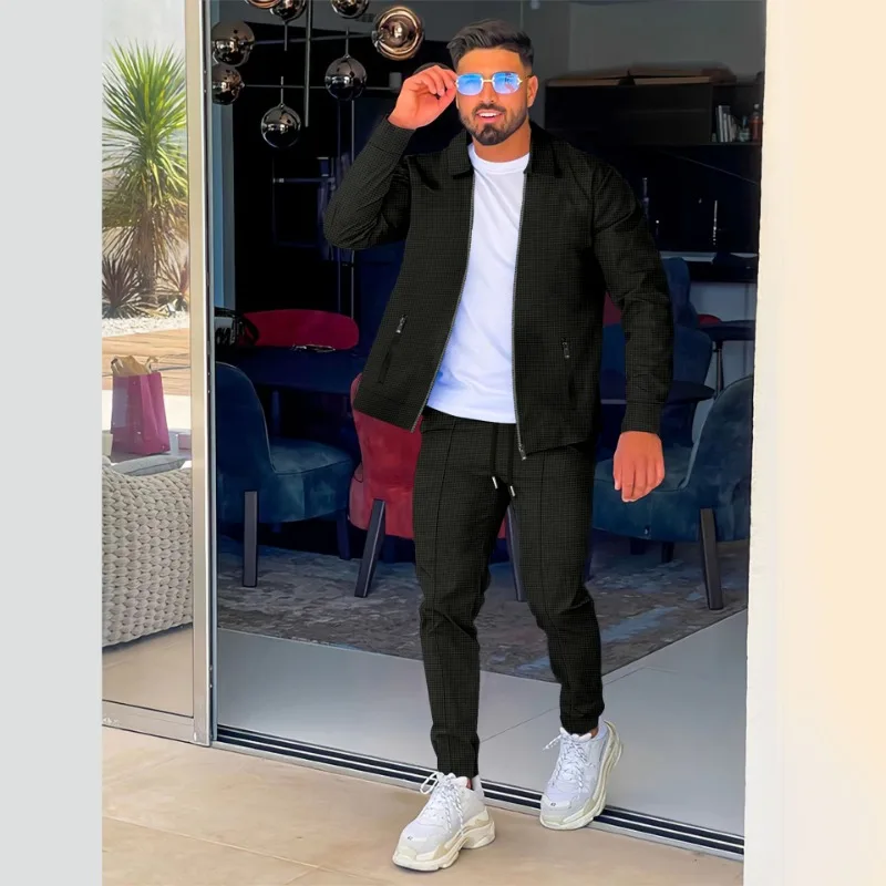 Conjunto de Jaqueta Fashion com Zíper e Bolsos para Primavera e Outono 2026 + Calças Esportivas e Casuais Masculinas