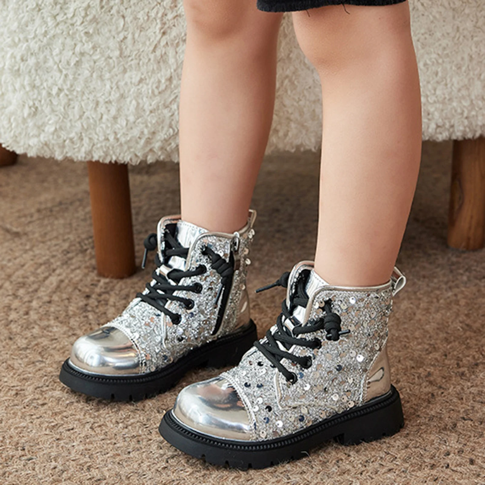 

Fashion Children's Ankle Boots Girl's British Style Sequin Single Boots Kids Girls Side Zipper Lace-up Short Boots