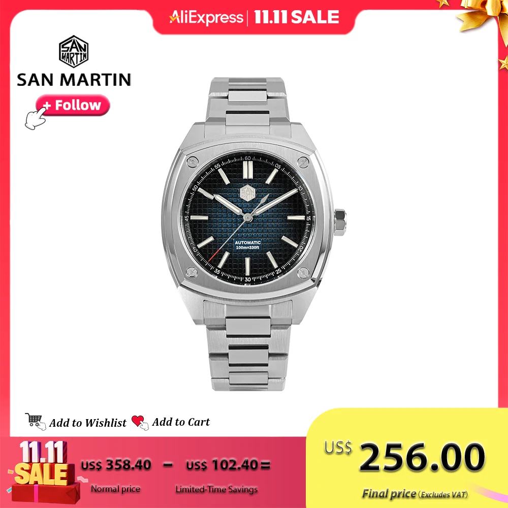 San Martin diseño Original 39,5mm reloj deportivo de lujo para hombres PT5000 relojes mecánicos automáticos de acero inoxidable resistente al agua SN0026