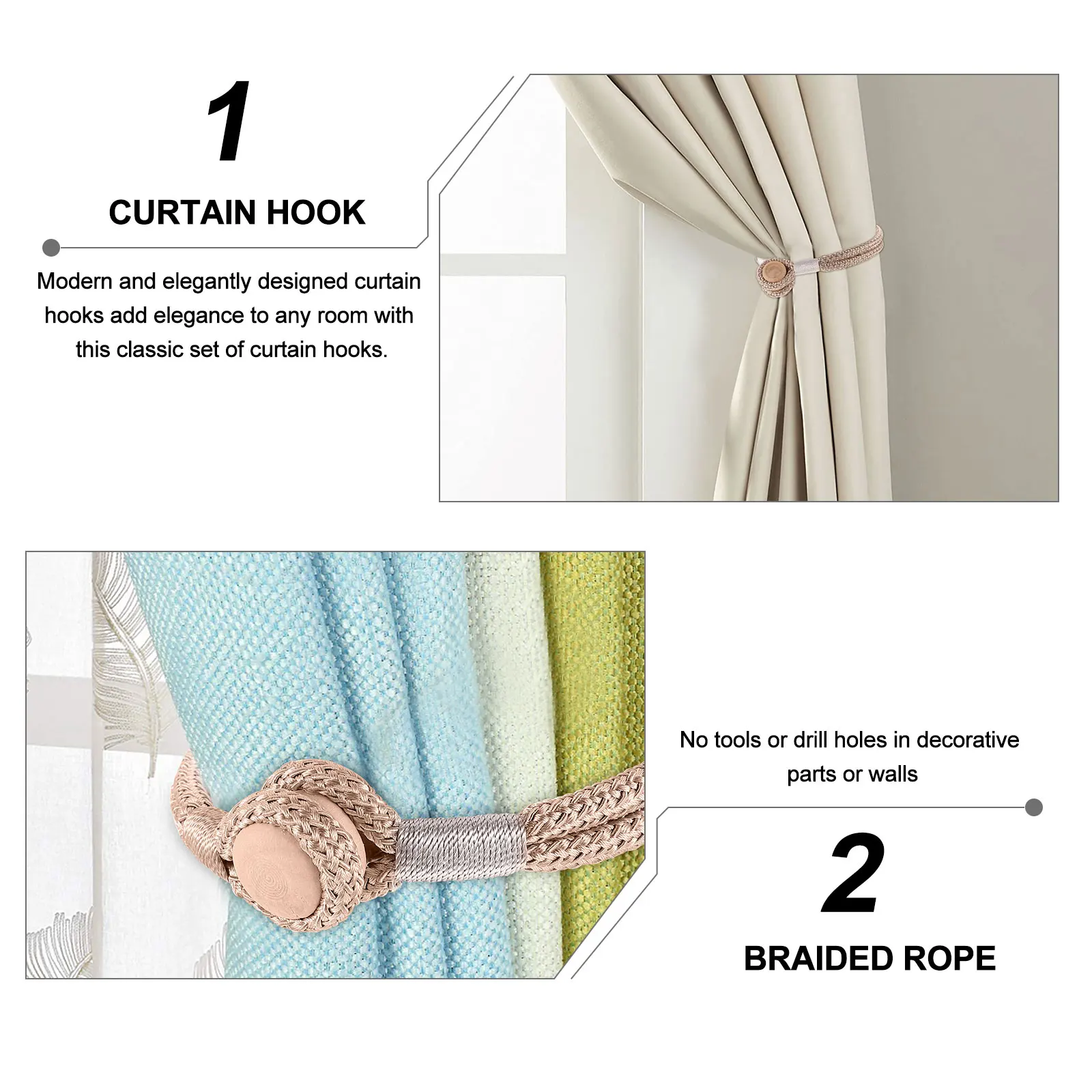 

2pcs Curtain Tieback Rope Magnetic Holders for Curtains Drawstring Rustic Home Decor Bedroom Living Room Office Gifts