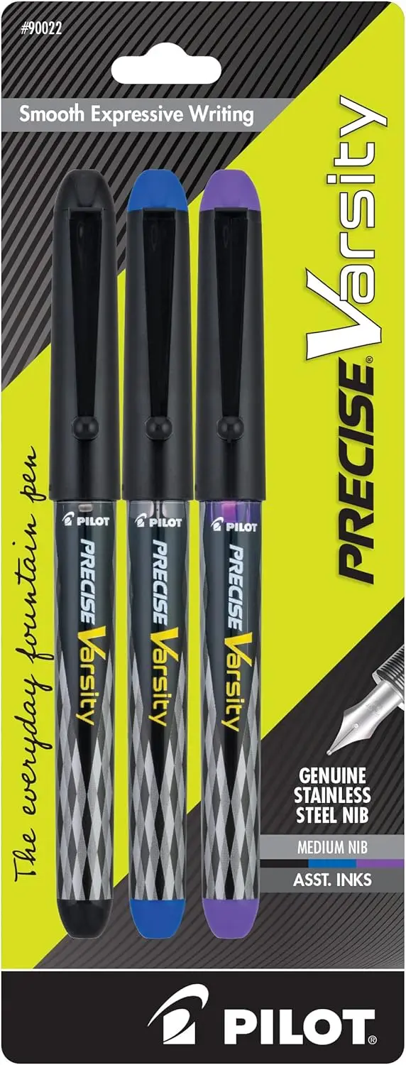 

Pre-Filled Fountain Pens, Medium Point Stainless Steel Nib, Black/Blue/Purple Inks, 3-Pack