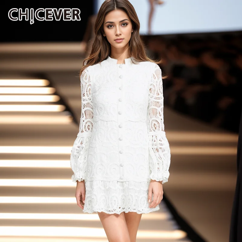 

CHICEVER Hollow Out Dress For Women Stand Collar Long Lantern Sleeve Patchwork Lace Solid Mini Dresses Female Fashion Style New