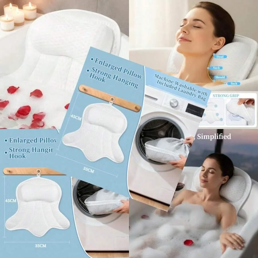 

Luxury Bath PillowErgonomic Bathtub Spa Pillow With 4D Air Mesh Technology And 6 Suction Cups Helps Support Head Back And Neck
