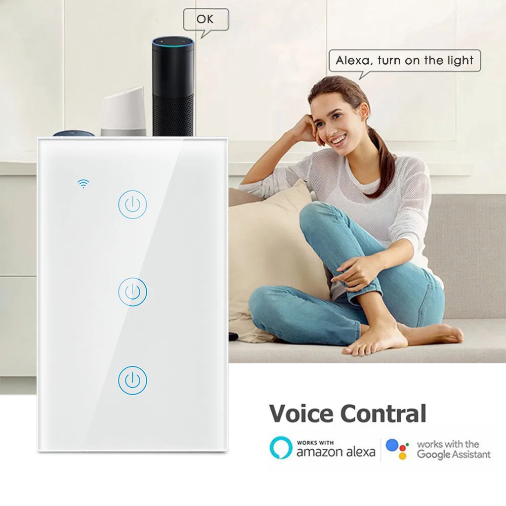 EUA/Austrália Padrão 3gang Controle Remoto WiFi Interruptor de Toque Casa Inteligente Suporta Controle de Voz Versão de Fio Neutro