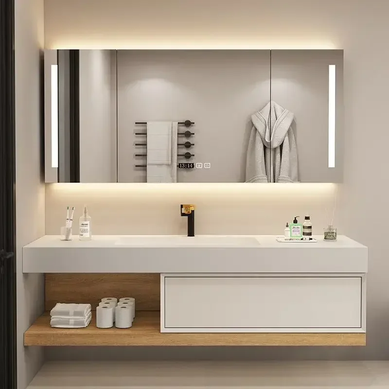 Log Color Bathroom Cabinet Rock Seamless Washbasin Smart Mirror Cabinet Designer Bathroom Sink Vanity Cabinet Bathroom Furniture