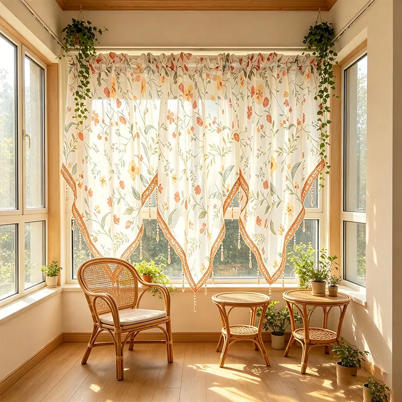 1pc French Floral Butterfly Voile Window Curtain, Premium Terilon Light Permeable Valance with Triangle Crystal Bead Tassel