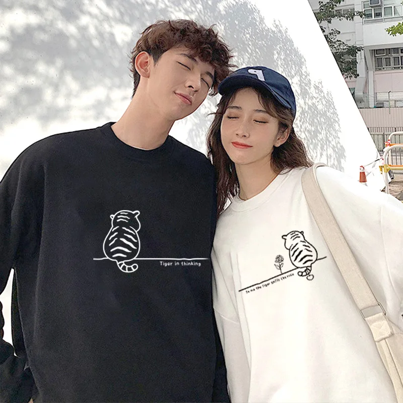 

500g Cotton Top Quality Tiger and Rose Printing Women Men Hoodies Sweater Winter Fleece Long Sleeve Pullovers For Couple Clothes