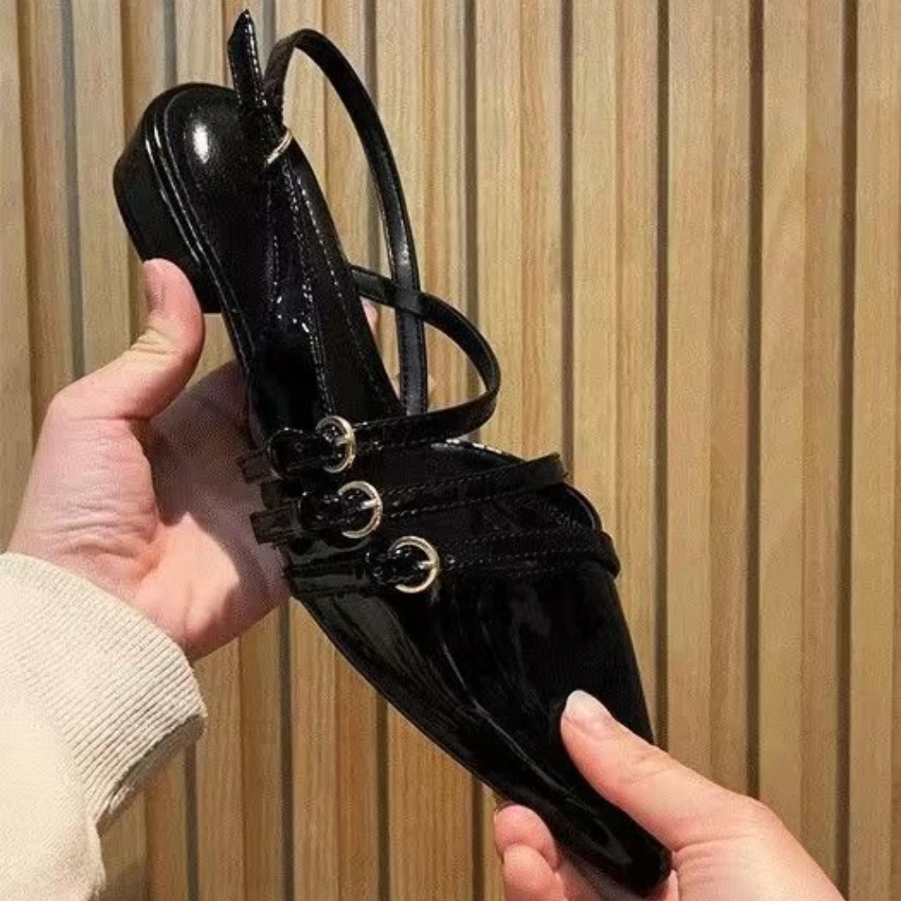 2026 New Temperament Pointed Toe Baotou Sandals Women's  Summer Wear Shallow Mouth Metal Buckle Back Empty Low Heel Shoes