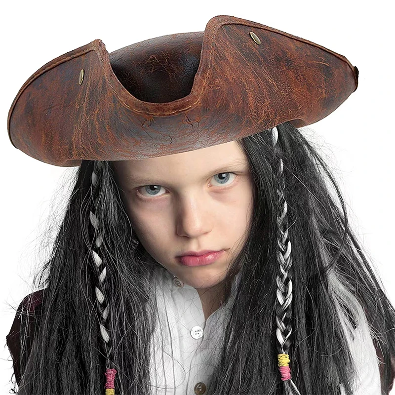 Halloween Brown Distressed Pirate Tricorn Hat Masquerade Party Men Women Faux Leather Pirate Costume Accessories Hats