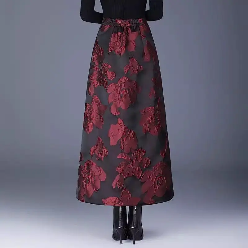 National style skirt winter padded cotton thickened high waist a word skirt fashion retro relief jacquard skirt women's clothing