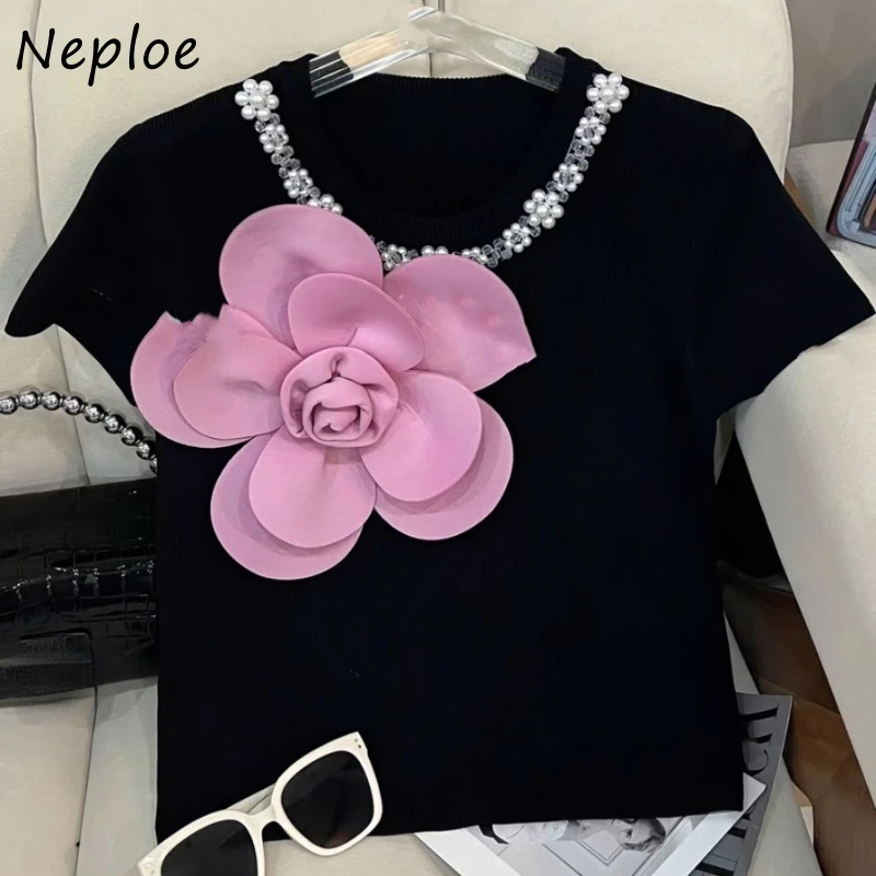 Neploe Korean Heavy 3D Flower Diamond T-shirts Y2k Short Sleeve Black Tops Women 2024 Summer New O-neck Slim Fit Tee Shirt