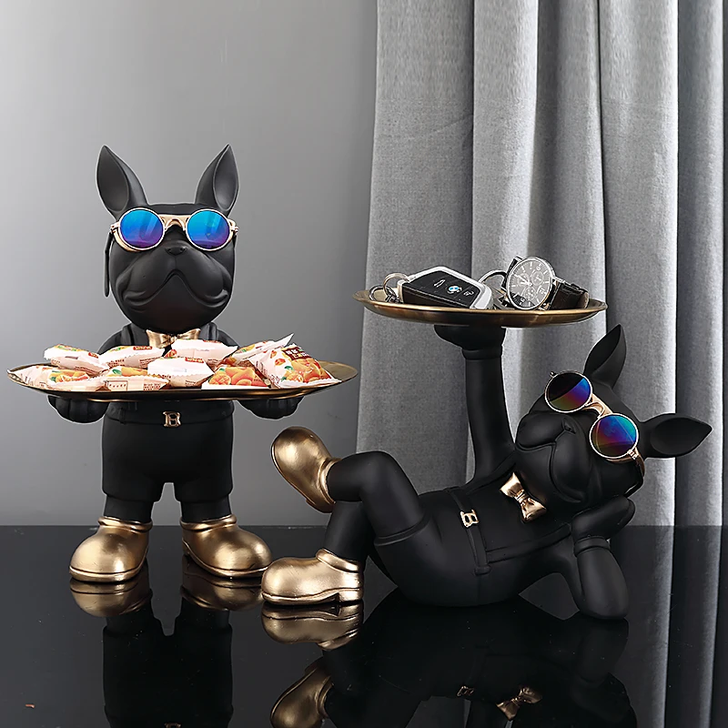 Nordic French Bulldog Butler Resin Dog Sculpture with Glasses Modern Home Decor for Tabletop Living Room Animal Crafts Ornament