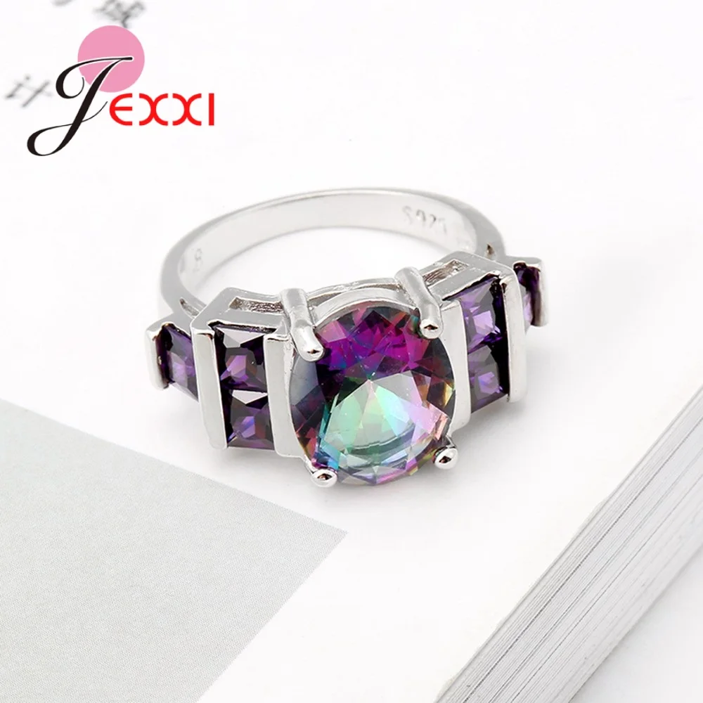 Female Unique Party Rings Fascinating Rainbow Color Brightly Zircons Stone 925 Sterling Silver Women Wedding Gift Ring