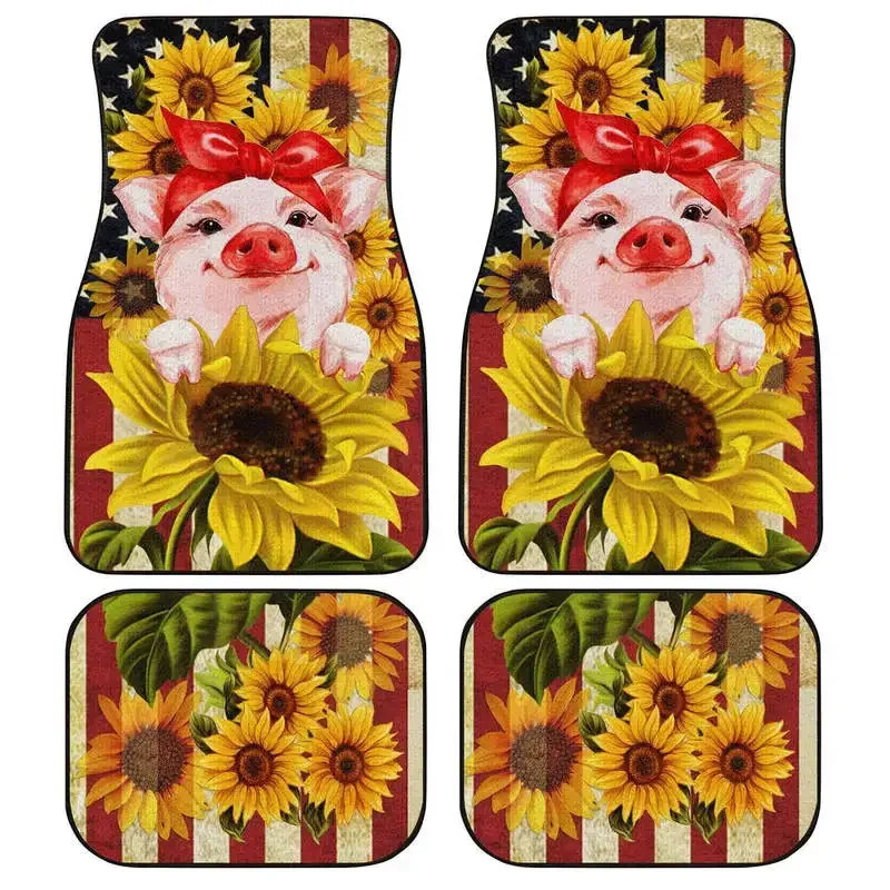 Sunflower Pig Kawaii Car Floor Mat Full Set Front Non-Slip Carpet Mats Front & Rear Universal fit Most Sedan Car SUV Van 4 Pcs