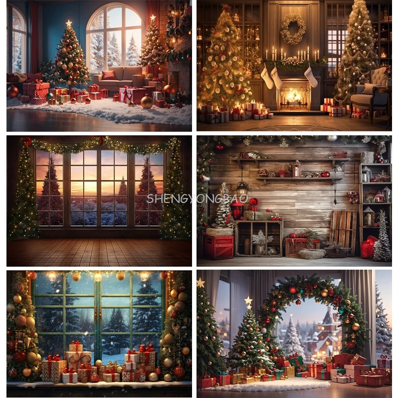 Vinyl Custom Christmas Day Fireplace Photography Backdrops Prop Window Living Room Interior Village House Theme Background DR-08