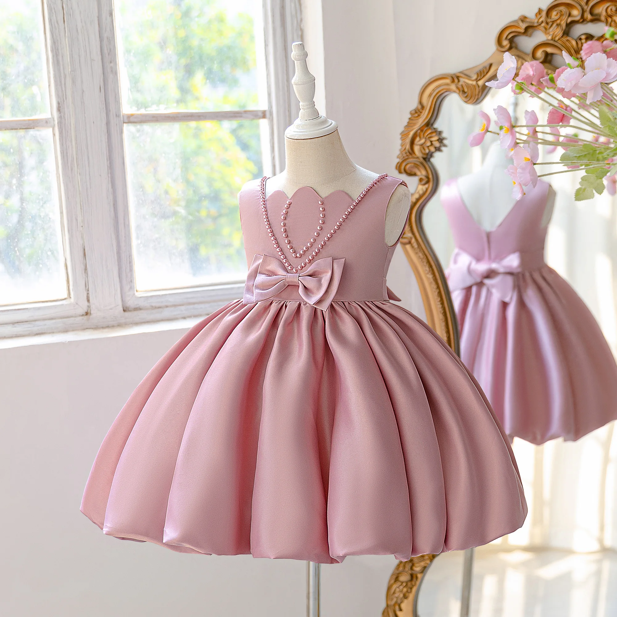 Summer Beading Bridesmaid Girls Dress Elegant Baptism Wedding Party Princess Prom Dresses Girl Bow Birthday Evening Kids Clothes view 4