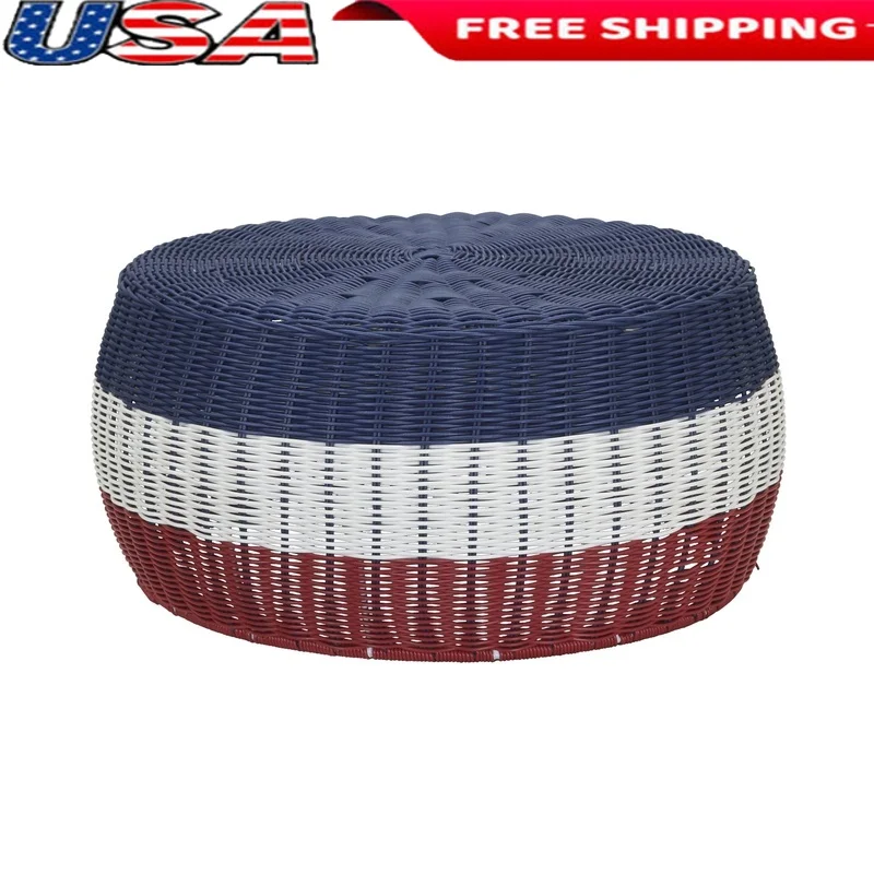 

Handwoven Resin Ottoman Table Round Wicker Storage Accent Piece Indoor Outdoor Plant Stand Coffee Table Durable Lightweight